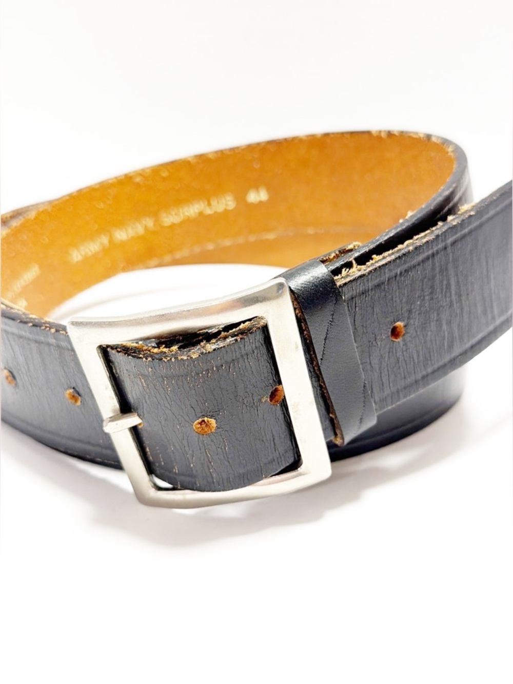 Army Navy Men's Black Top Grain Leather Belt with Silver Square Buckle